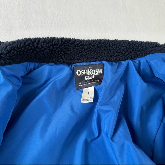 OshKosh Boys Sherpa Zip Hoodie Blue Red Trim Cozy Lined Size 8 - Picture 7 of 9